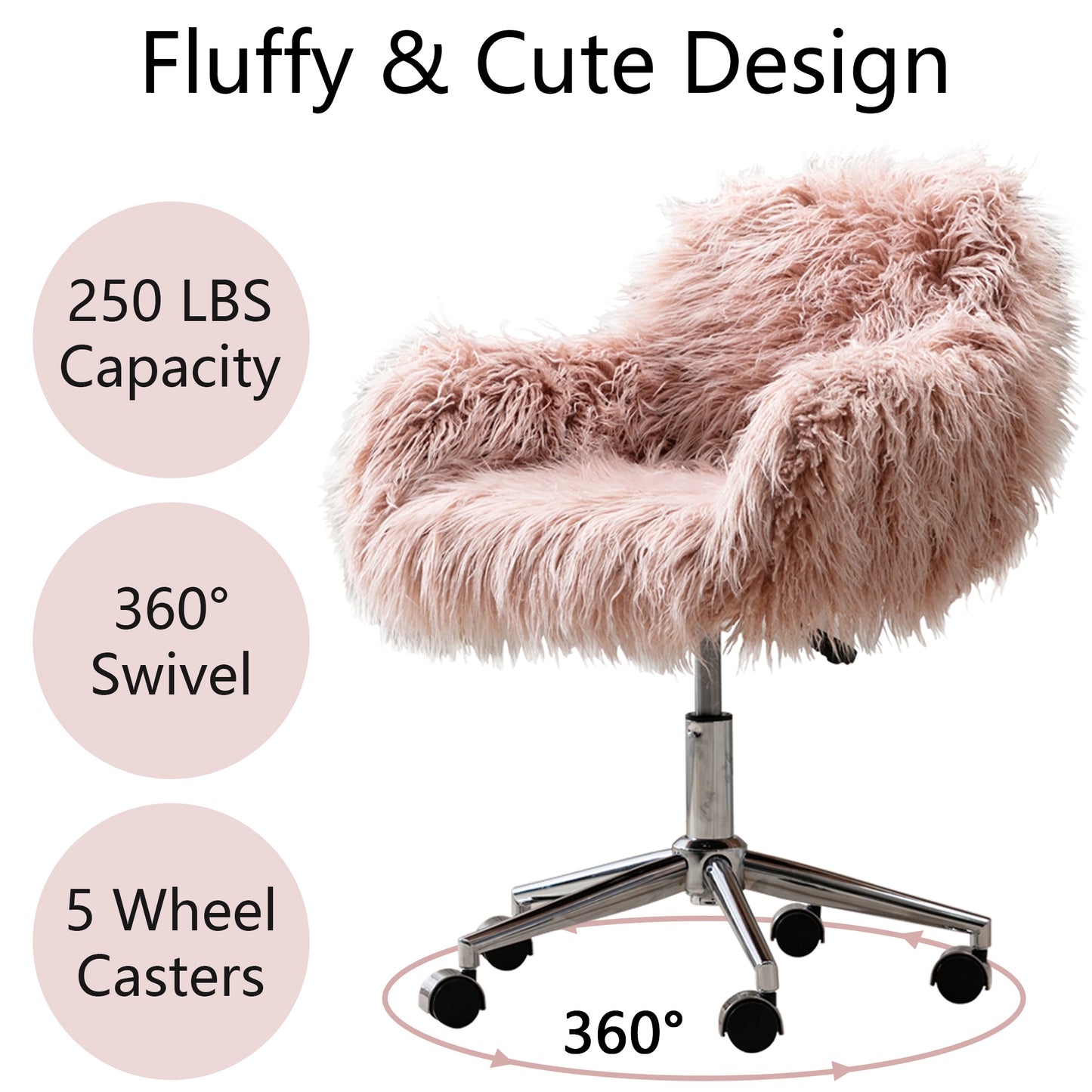 Faux Fur Desk Chair, Cute Fluffy Upholstered Padded Seat, Vanity Accent Modern Height Adjustable Swivel Arm Decorative Furniture for Living Room, Makeup, Home Office, Teen Girls Bedroom, White