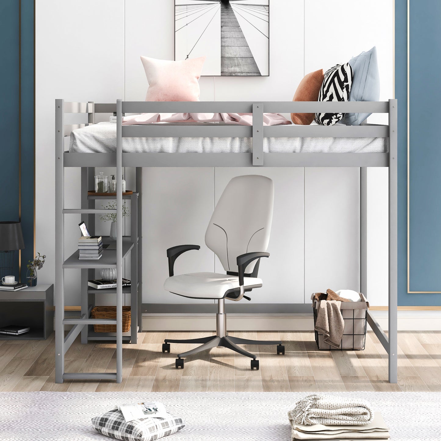 Solid Wood Loft Bed, Full Size Loft Bed with Desk and Shelves, Space Saving Bed Frame with Ladder and Safety Guardrails, Perfect for Kids/Teens/Adults Bedroom, No Box Spring Needed, Gray, D5749