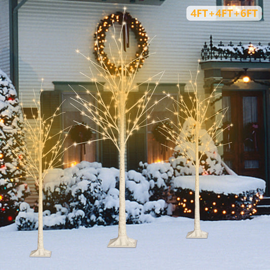 Set of 3 White Birch Trees, SYNGAR 4ft, 4ft and 6ft Christmas Tree with LED Lights, Fits for Christmas Decoration, Home Christmas Lights for Indoor Outdoor Wedding Party Garden, Warm White, D4004
