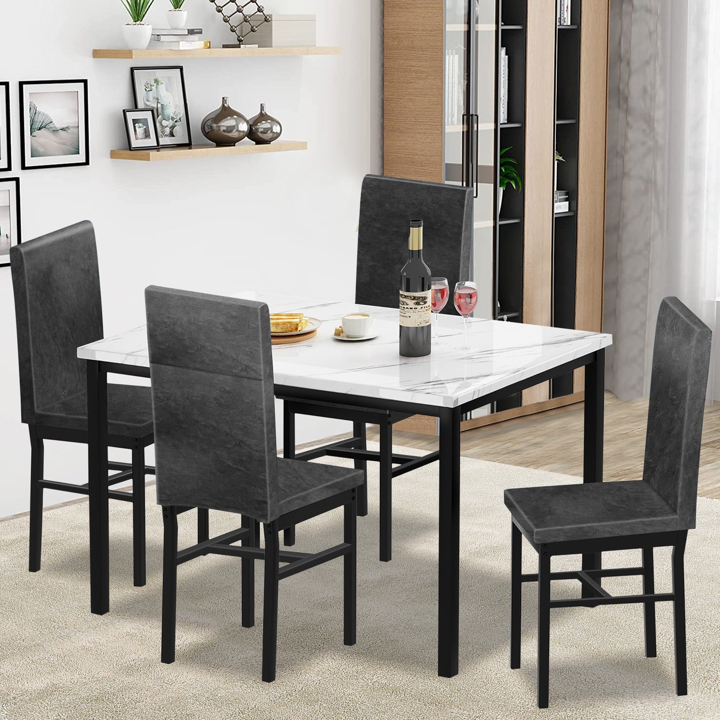 Modern Dining Table Set for 4, SYNGAR Faux Marble Table and PU Leather Upholstered Chairs Set, 5 Piece Kitchen Dining Set, Dining Table and Chairs Set for Small Space, Breakfast Nook, White, D8528