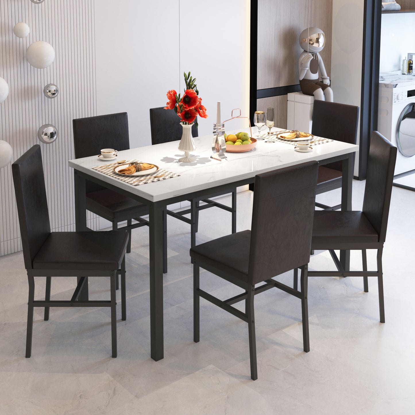 Modern Dining Table Set for 6, SYNGAR Faux Marble Table and PU Leather Upholstered Chairs Set, 7 Piece Kitchen Dining Set, Dining Table and Chairs Set for Small Space, Breakfast Nook, D9208