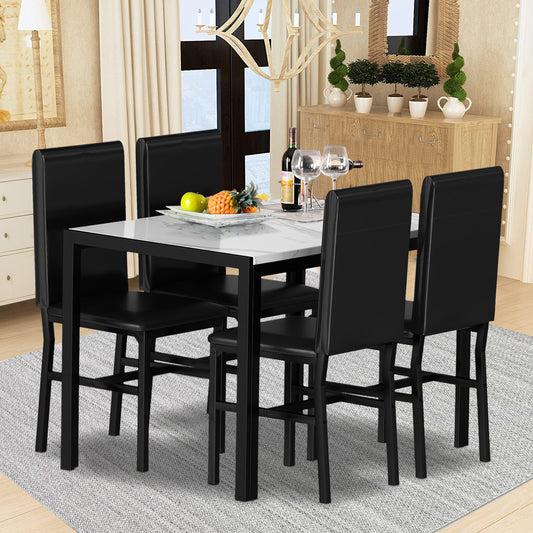 5 Piece Dining Set, Modern Dining Table and Chairs Set for 4, Kitchen Dining Table Set with Faux Marble Tabletop and 4 PU Leather Upholstered Chairs, for Small Space, Breakfast Nook, D8835