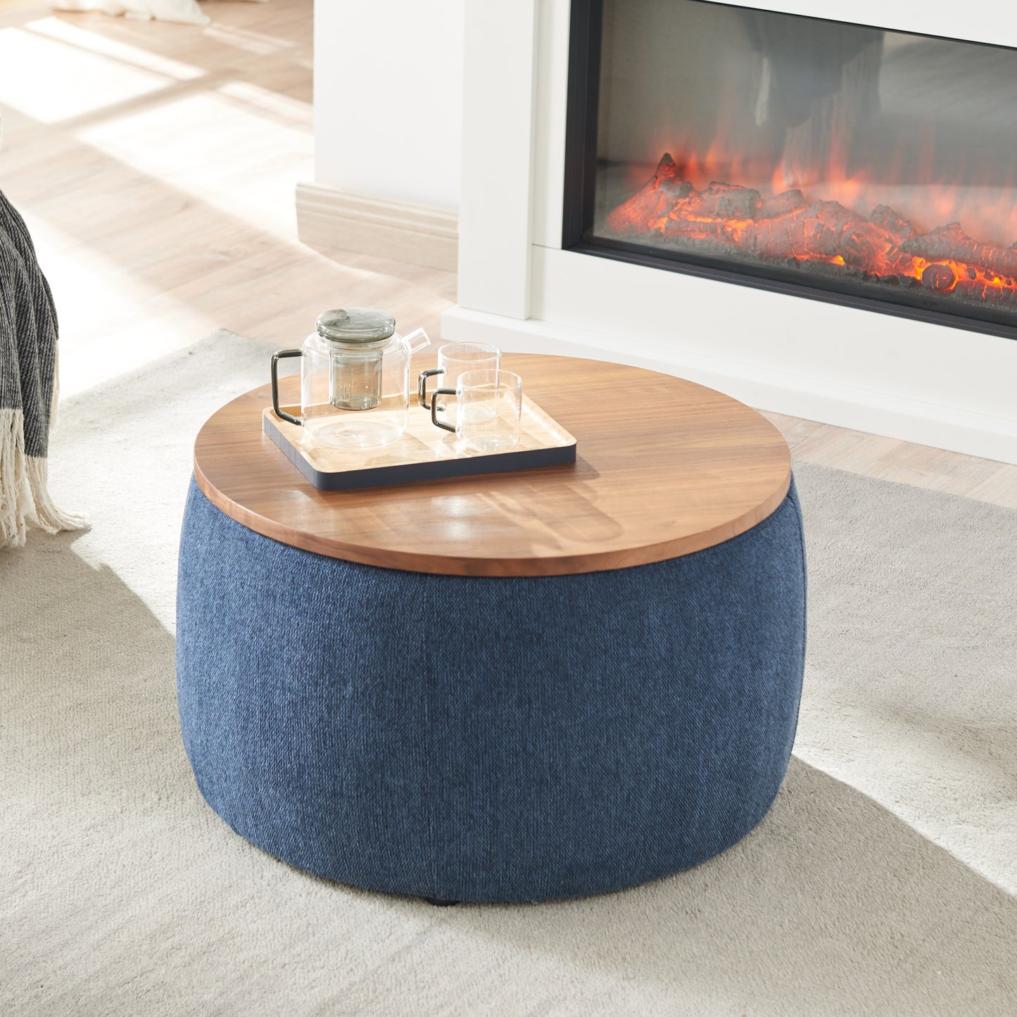 Storage Ottoman with Tray, Round Ottoman Coffee Table Handmade with Storage, Cube Organizer, End Table for Living Room, LJ423
