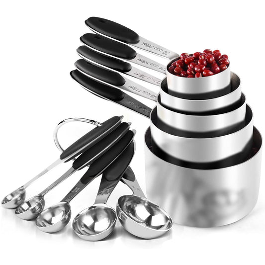 SYNGAR 10 Piece Measuring Cups and Measuring Spoon Set, Stainless Steel with Soft Touch Silicone Handles, Nesting Liquid Measuring Cup Set or Dry Measuring Cups Set, Silver and Black