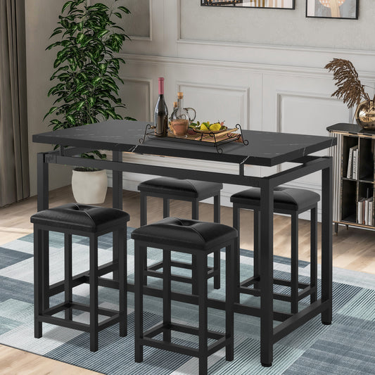 5 Piece Dining Table Set, Modern Pub Table Set with 4 PU Leather Cushioned Stools, Counter Height Faux Marble Bar Table Set, 4-Person Dining Table & Stools Set, Kitchen Table Set for Breakfast, D7779